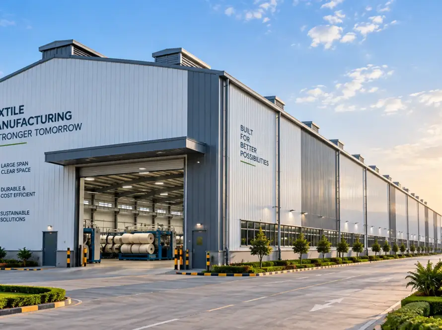 Industrial building solutions for textile manufacturing plants - PEB steel structure exterior
