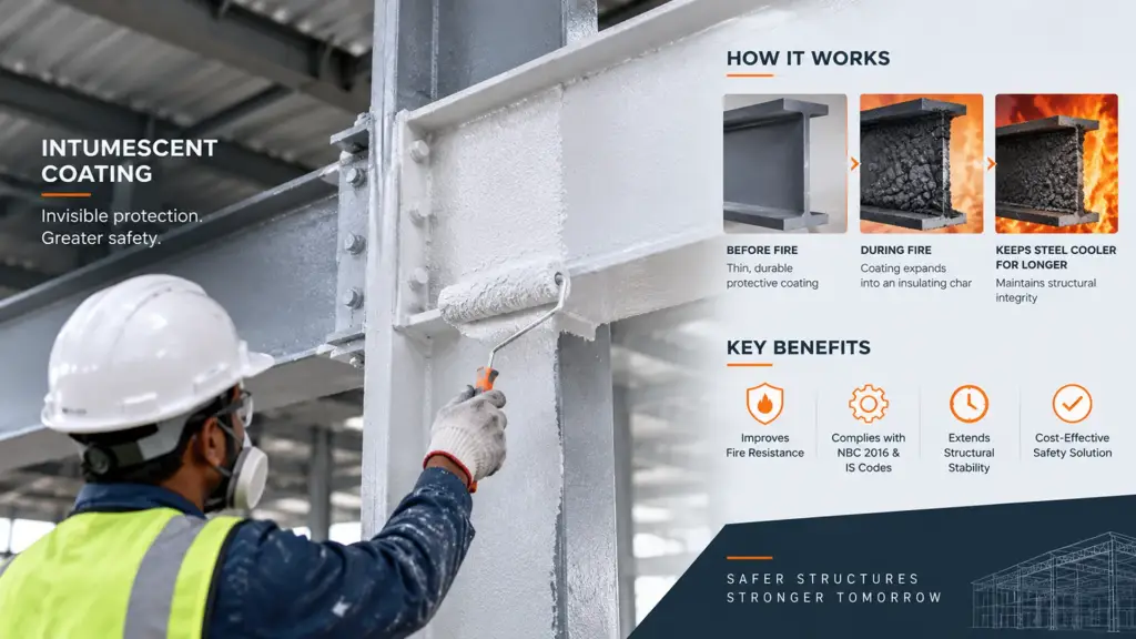 Intumescent coating applied to steel frame for fire-rated PEB structures and fire safety compliance
