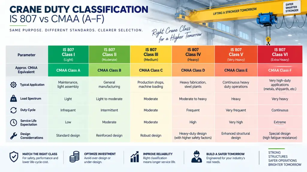 IS 807 vs CMAA crane duty classification comparison chart
