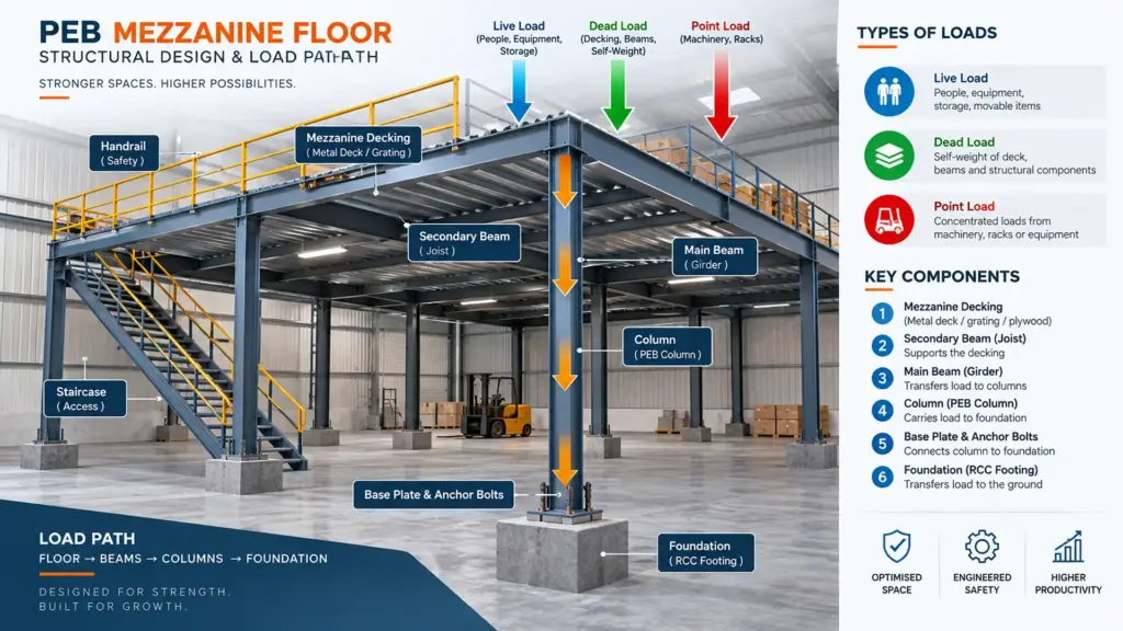 Mezzanine floor design in PEB buildings showing load path from deck to foundation