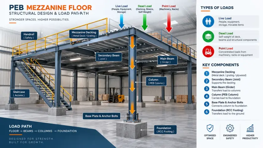 Mezzanine floor design in PEB buildings showing load path from deck to foundation