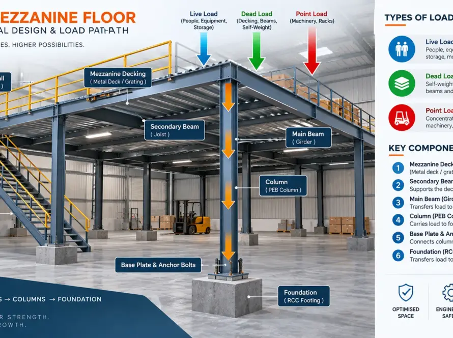 Mezzanine floor design in PEB buildings showing load path from deck to foundation