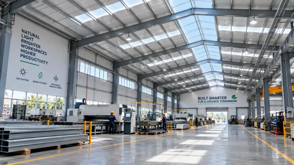 Factory interior with roof skylights for natural daylighting in PEB design