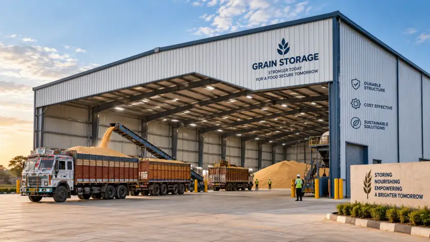PEB for agro-processing and grain storage units – exterior view of steel warehouse