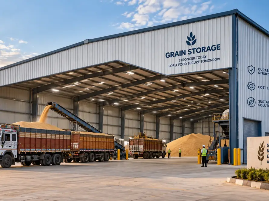 PEB for agro-processing and grain storage units – exterior view of steel warehouse