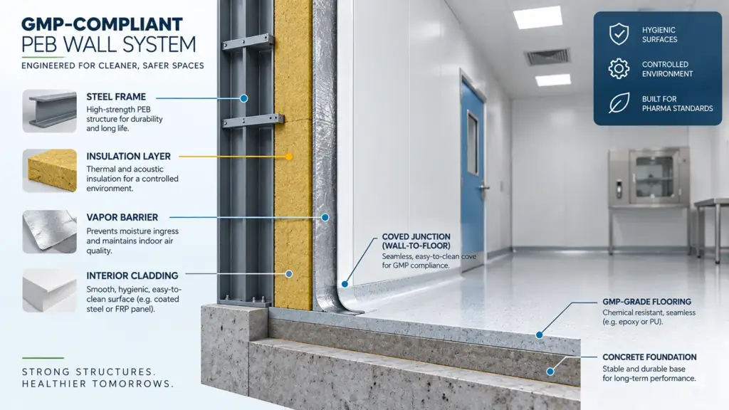 PEB wall panel cross-section for pharmaceutical manufacturing showing insulation and vapor barrier
