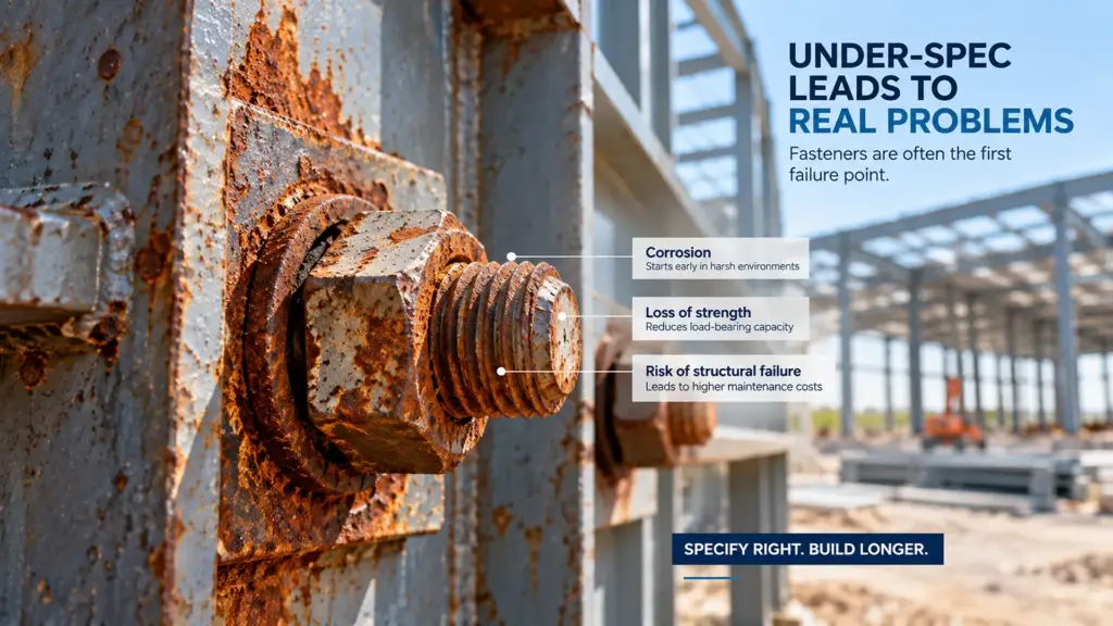 Fastener Corrosion on an Under-Specced PEB Close-up of a corroded steel bolt showing early-stage rust on an under-coated PEB fastener