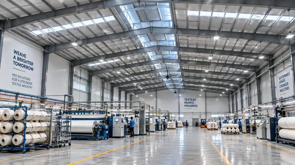 Clear-span interior of an industrial building for textile manufacturing plants with roof ventilation